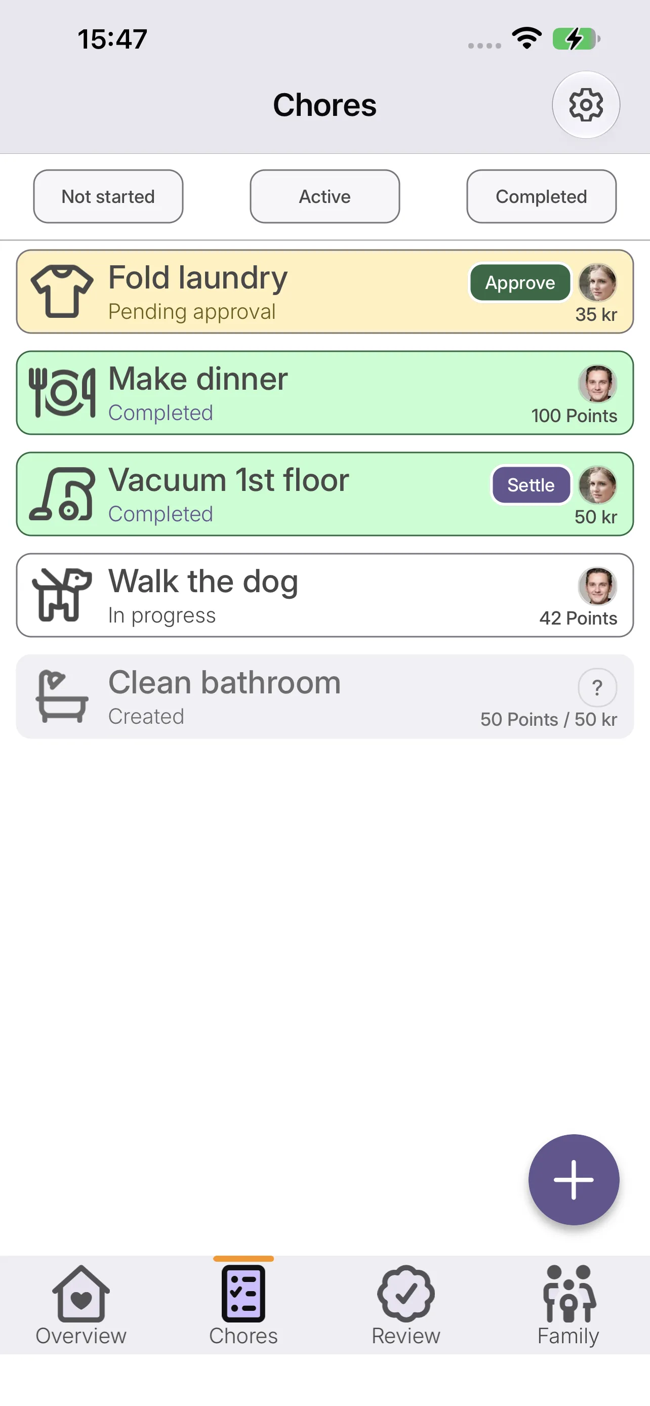 ChoreBuddy chore list showing active, completed and pending chores