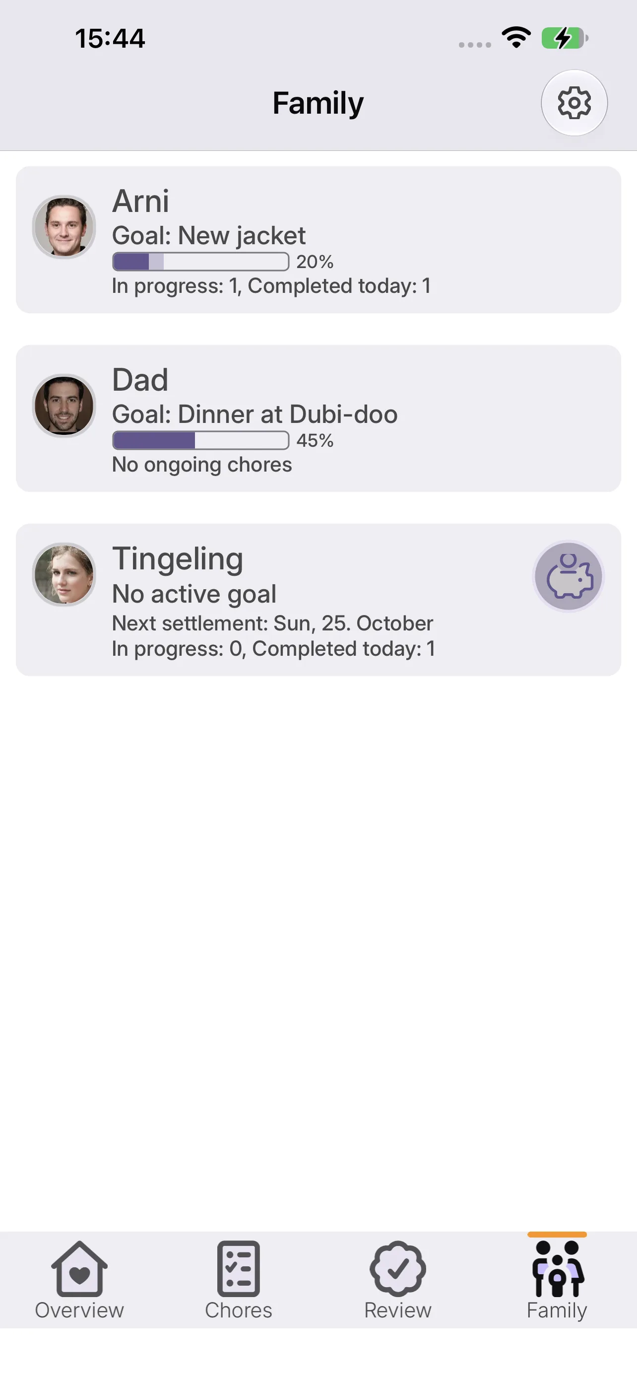 ChoreBuddy family screen showing individual goals and progress